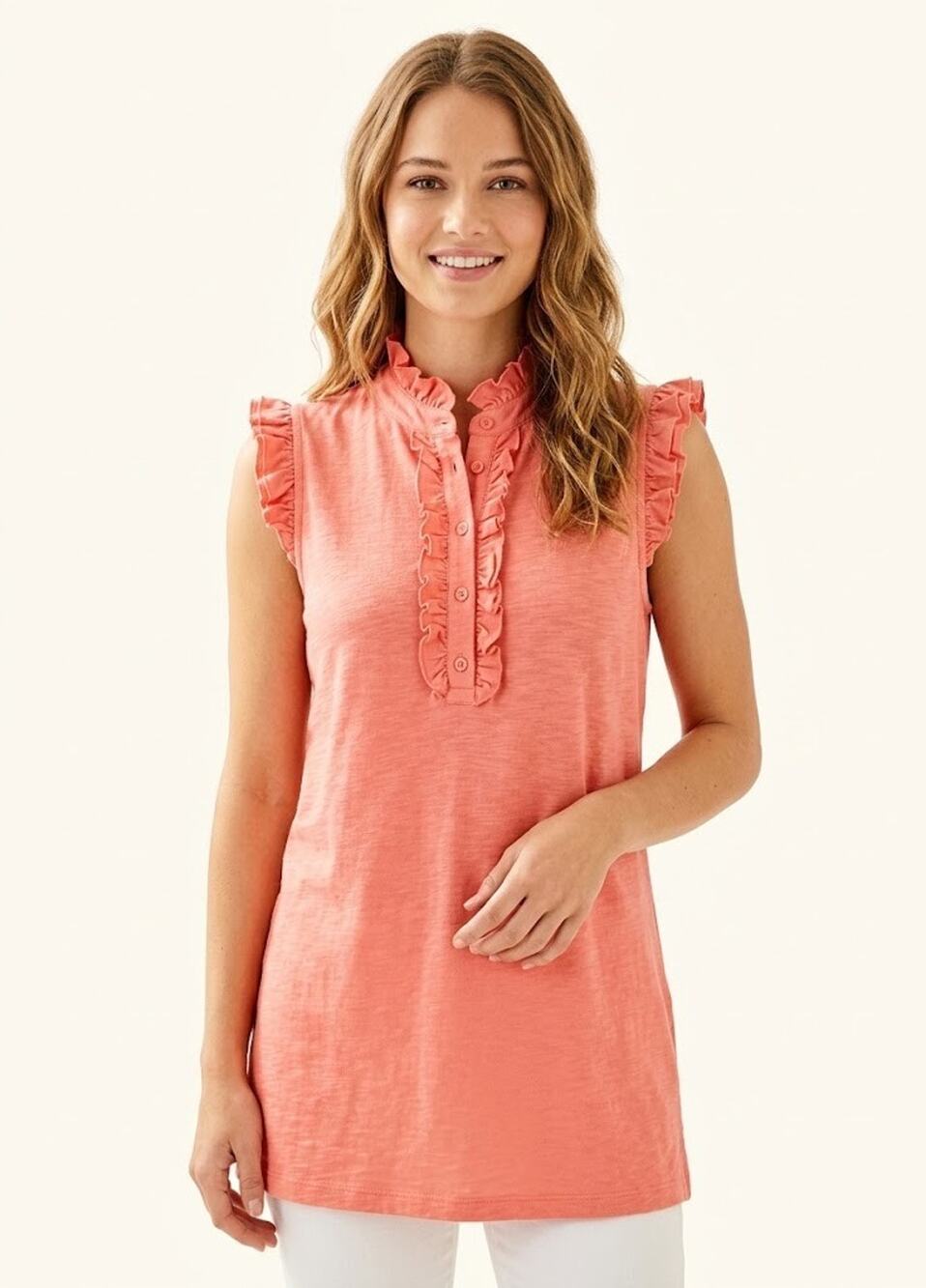 Lilly Pulitzer Weatherbee Pima Cotton Ruffle Polo Top Coral XL
